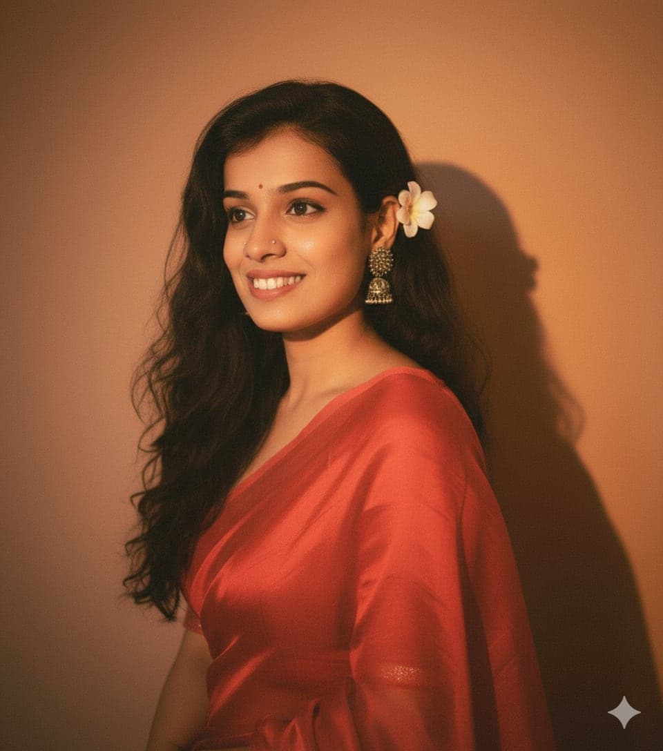 Cinematic Retro Portrait of an Indian Woman in a Sky Saree — Free AI Image Prompt output using Flux.1 Dev