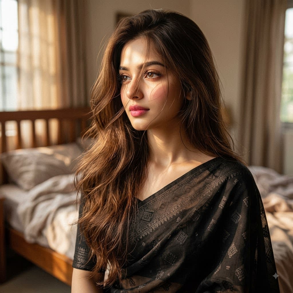 Hyper-Realistic Sunlit Portrait in Black Saree — Free AI Image Prompt output using Flux.1 Dev