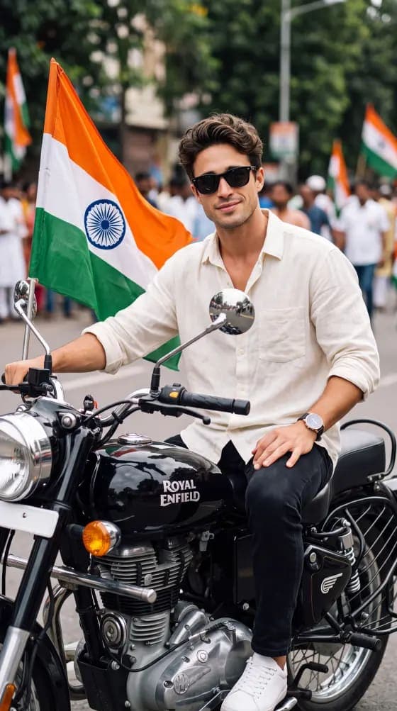 Independence Day 15 August AI Photo Editing Prompt Free Portrait with Royal Enfield — Free AI Image Prompt output using DELL
